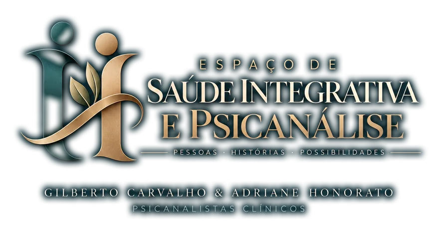 Logo do Espaço de Saúde Integrativa e Psicanálise: duas pessoas formam o monograma, com folhas entre elas. Pessoas, histórias, possibilidades. Gilberto Carvalho e Adriane Honorato, psicanalistas clínicos.